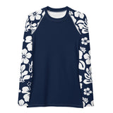 Navy Blue Women's Rash Guard with White and Navy Blue Hawaiian Print Sleeves - Extremely Stoked