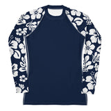 Navy Blue Women's Rash Guard with White and Navy Blue Hawaiian Print Sleeves - Extremely Stoked