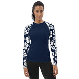 Navy Blue Women's Rash Guard with White and Navy Blue Hawaiian Print Sleeves - Extremely Stoked