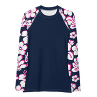 Navy Blue Women's Rash Guard with Navy Blue, Hot Pink and White Hawaiian Print Sleeves