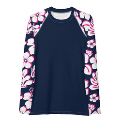 Navy Blue Women's Rash Guard with Navy Blue, Hot Pink and White Hawaiian Print Sleeves - Extremely Stoked