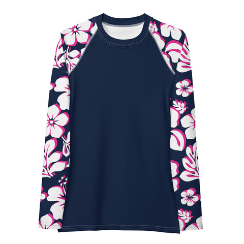 Navy Blue Women's Rash Guard with Navy Blue, Hot Pink and White Hawaiian Print Sleeves - Extremely Stoked