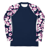 Navy Blue Women's Rash Guard with Navy Blue, Hot Pink and White Hawaiian Print Sleeves - Extremely Stoked