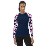 Navy Blue Women's Rash Guard with Navy Blue, Hot Pink and White Hawaiian Print Sleeves