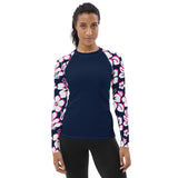 Navy Blue Women's Rash Guard with Navy Blue, Hot Pink and White Hawaiian Print Sleeves - Extremely Stoked