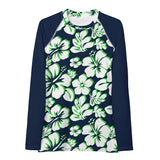 Navy Blue, Lime Green and White Hawaiian Print Women's Rash Guard with Navy Blue Sleeves - Extremely Stoked