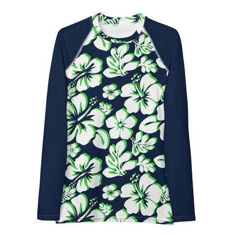 Navy Blue, Lime Green and White Hawaiian Print Women's Rash Guard with Navy Blue Sleeves - Extremely Stoked