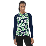 Navy Blue, Lime Green and White Hawaiian Print Women's Rash Guard with Navy Blue Sleeves - Extremely Stoked