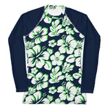 Navy Blue, Lime Green and White Hawaiian Print Women's Rash Guard with Navy Blue Sleeves - Extremely Stoked