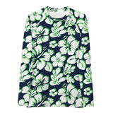 Navy Blue, Lime Green and White Hawaiian Print Women's Rash Guard - Extremely Stoked