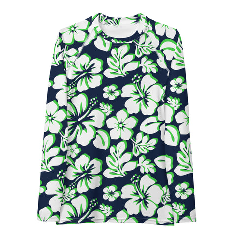 Navy Blue, Lime Green and White Hawaiian Print Women's Rash Guard - Extremely Stoked