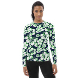Navy Blue, Lime Green and White Hawaiian Print Women's Rash Guard - Extremely Stoked
