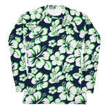 Navy Blue, Lime Green and White Hawaiian Print Women's Rash Guard - Extremely Stoked