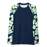 Navy Blue Women's Rash Guard Navy Blue, Lime Green and White Hawaiian Print Sleeves - Extremely Stoked