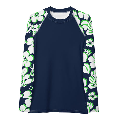 Navy Blue Women's Rash Guard Navy Blue, Lime Green and White Hawaiian Print Sleeves - Extremely Stoked