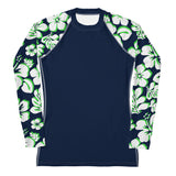 Navy Blue Women's Rash Guard Navy Blue, Lime Green and White Hawaiian Print Sleeves - Extremely Stoked