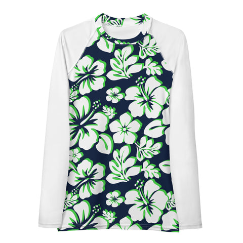 Navy Blue, Lime Green and White Hawaiian Print Women's Rash Guard with White Sleeves - Extremely Stoked
