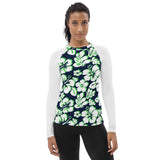 Navy Blue, Lime Green and White Hawaiian Print Women's Rash Guard with White Sleeves - Extremely Stoked