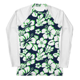 Navy Blue, Lime Green and White Hawaiian Print Women's Rash Guard with White Sleeves - Extremely Stoked