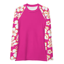 Hot Pink Women's Rash Guard with White, Hot Pink and Orange Hawaiian Print Sleeves - Extremely Stoked