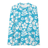 Aqua Blue and White Hawaiian Flowers Women's Rash Guard - Extremely Stoked