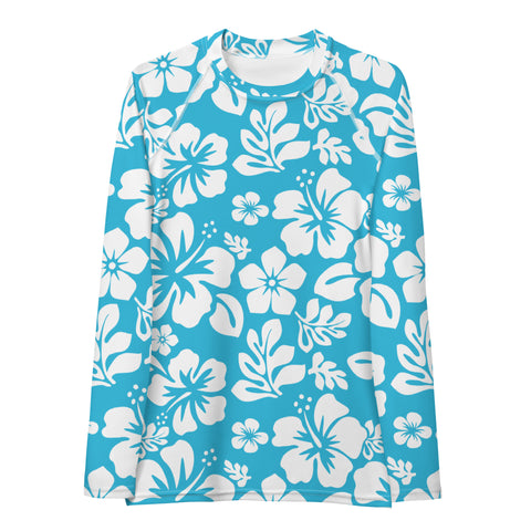Aqua Blue and White Hawaiian Flowers Women's Rash Guard - Extremely Stoked