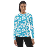 Aqua Blue and White Hawaiian Flowers Women's Rash Guard - Extremely Stoked