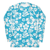 Aqua Blue and White Hawaiian Flowers Women's Rash Guard - Extremely Stoked