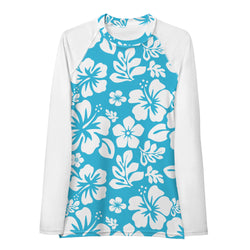 Aqua Blue and White Hawaiian Print Women's Rash Guard with White Sleeves - Extremely Stoked