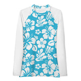 Aqua Blue and White Hawaiian Print Women's Rash Guard with White Sleeves - Extremely Stoked