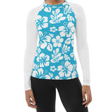 Aqua Blue and White Hawaiian Print Women's Rash Guard with White Sleeves - Extremely Stoked