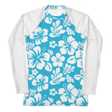 Aqua Blue and White Hawaiian Print Women's Rash Guard with White Sleeves