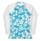 Aqua Blue and White Hawaiian Print Women's Rash Guard with White Sleeves - Extremely Stoked