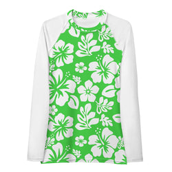 Lime Green and White Hawaiian Print Women's Rash Guard with White Sleeves - Extremely Stoked