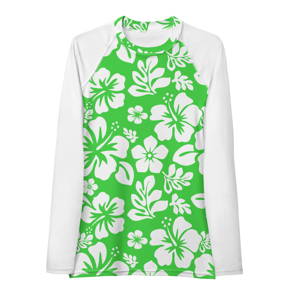 Lime Green and White Hawaiian Print Women's Rash Guard with White Sleeves - Extremely Stoked
