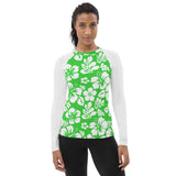 Lime Green and White Hawaiian Print Women's Rash Guard with White Sleeves - Extremely Stoked