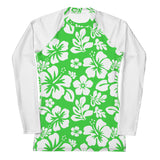 Lime Green and White Hawaiian Print Women's Rash Guard with White Sleeves - Extremely Stoked
