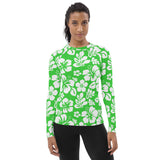 Lime Green and White Hawaiian Flowers Women's Rash Guard - Extremely Stoked