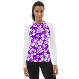 Purple and White Hawaiian Print Women's Rash Guard with White Sleeves - Extremely Stoked