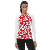 Red and White Hawaiian Print Women's Rash Guard with White Sleeves - Extremely Stoked