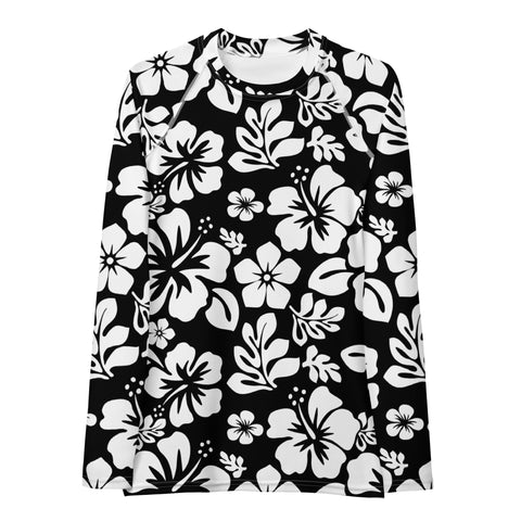 Black and White Hawaiian Flowers Women's Rash Guard - Extremely Stoked