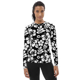 Black and White Hawaiian Flowers Women's Rash Guard - Extremely Stoked
