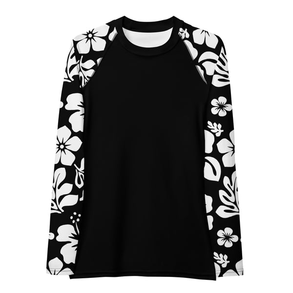 Women's Black Rash Guard with White and Black Hawaiian Print Sleeves - Extremely Stoked