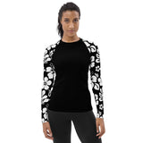 Women's Black Rash Guard with White and Black Hawaiian Print Sleeves - Extremely Stoked