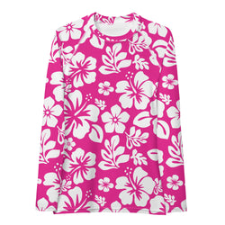 Hot Pink and White Hawaiian Flowers Print Women's Rash Guard - Extremely Stoked
