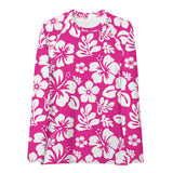 Hot Pink and White Hawaiian Flowers Print Women's Rash Guard - Extremely Stoked