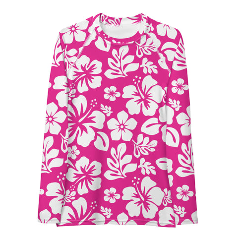 Hot Pink and White Hawaiian Flowers Print Women's Rash Guard - Extremely Stoked