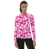 Hot Pink and White Hawaiian Flowers Print Women's Rash Guard - Extremely Stoked