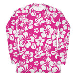 Hot Pink and White Hawaiian Flowers Print Women's Rash Guard - Extremely Stoked
