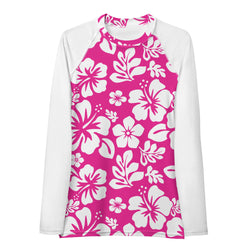 Hot Pink and White Hawaiian Flowers Women's Rash Guard with White Sleeves - Extremely Stoked